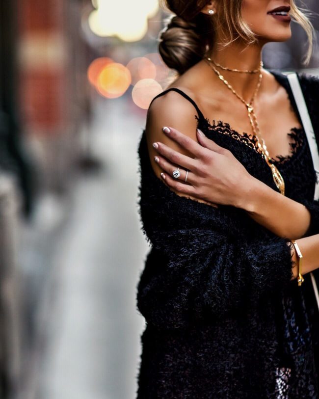 fashion blogger mia mia mine wearing a soft black cardigan from shopbop and a gold chain choker