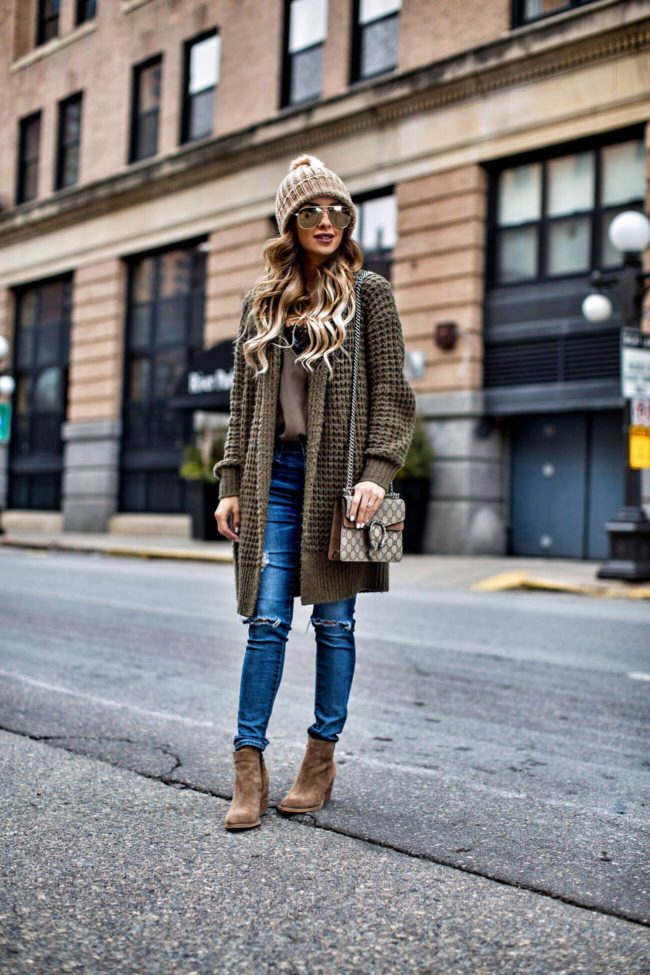 fashion blogger mia mia mine wearing a waffle knit cardigan from nordstrom and suede booties