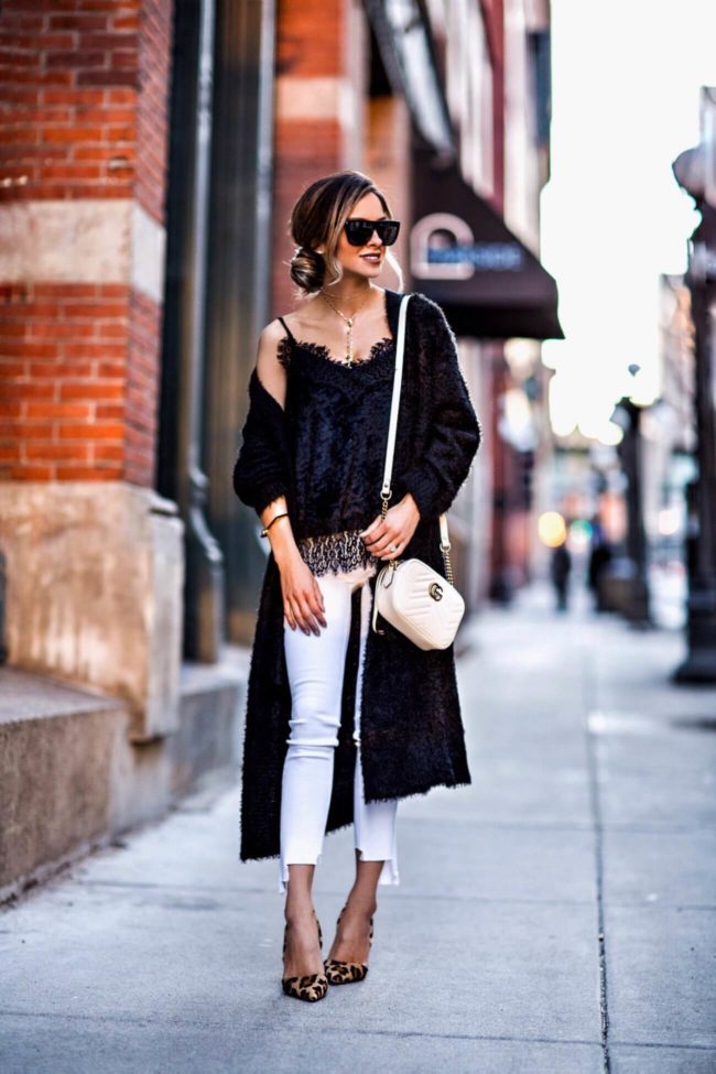 fashion blogger mia mia mine wearing a bb dakota black cardigan, h&m tank and saint laurent sunglasses