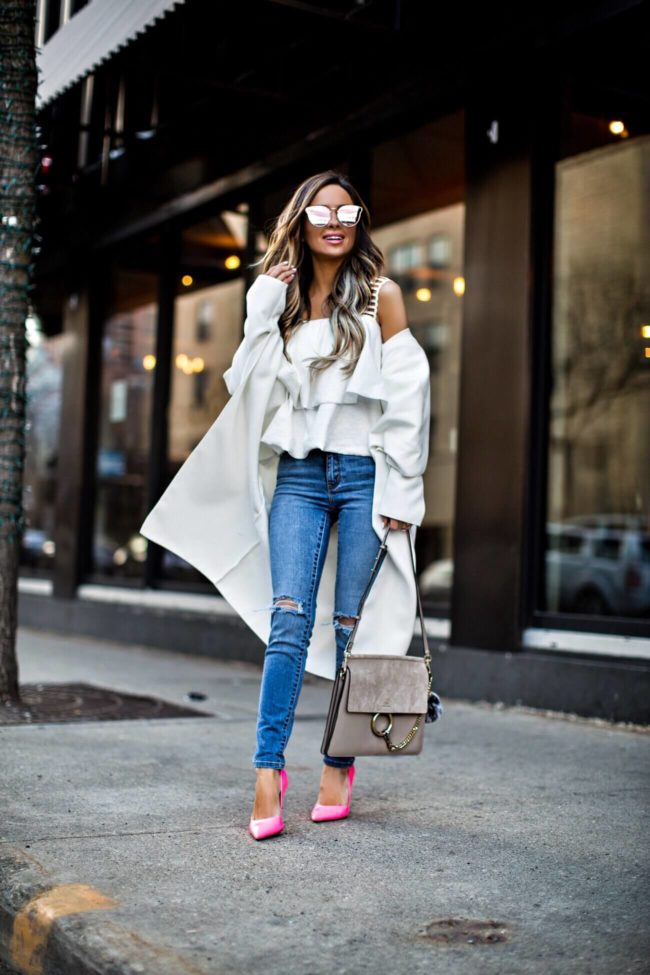 fashion blogger mia mia mine wearing a white coat from missguided and rollas from revolve