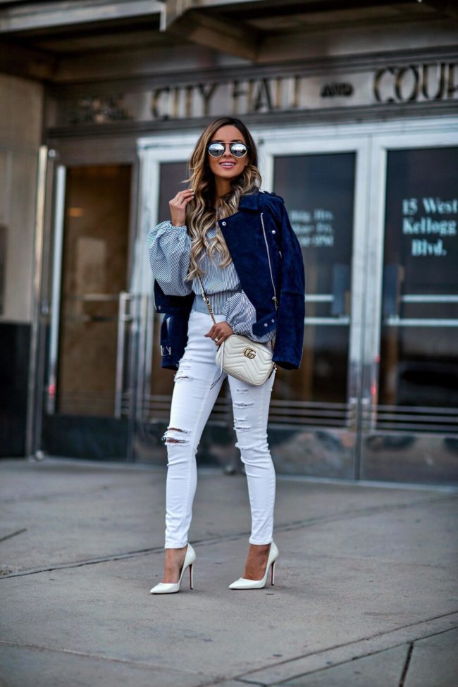 fashion blogger mia mia mine wearing a blanknyc suede jacket and white topshop jeans from nordstrom