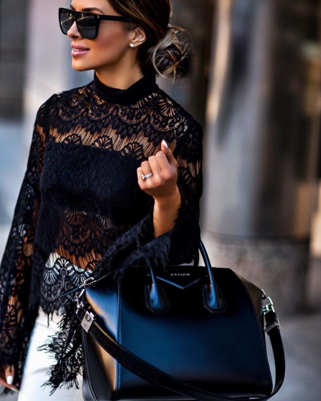fashion blogger mia mia mine wearing a black lace top and givenchy bag