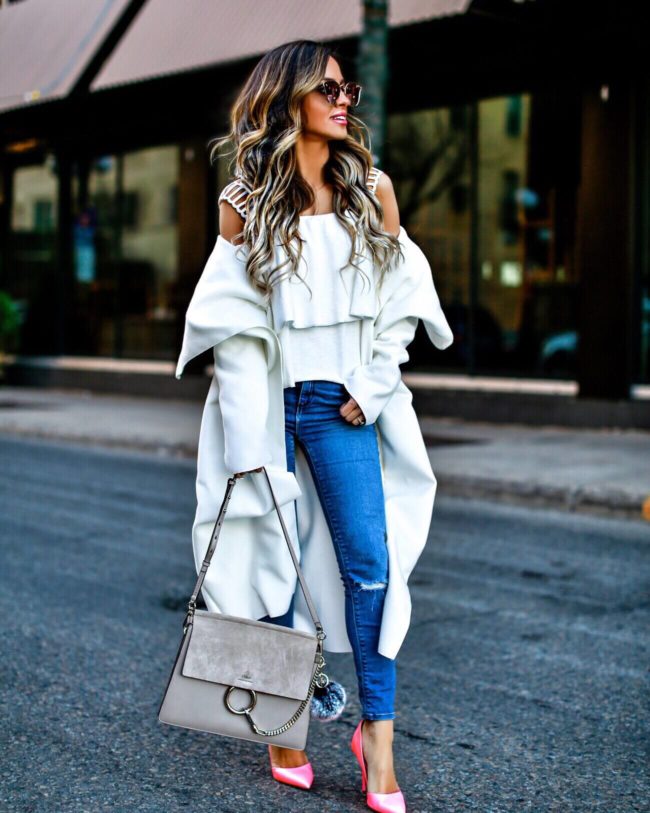 fashion blogger mia mia mine wearing a white coat from missguided and bright pink heels