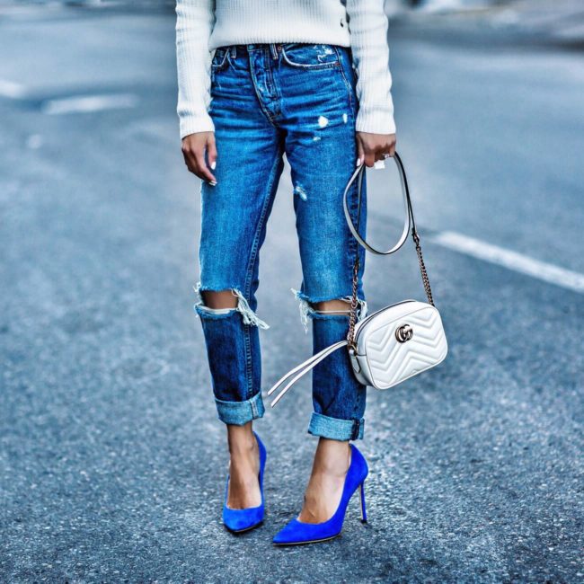 fashion blogger mia mia mine wearing blue jimmy choo heels and a gucci marmont bag