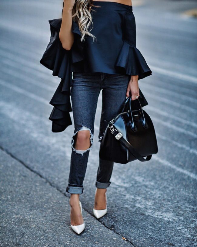 fashion blogger mia mia mine wearing gray levi's jeans and white christian louboutin so kate heels