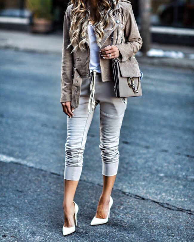 fashion blogger mia mia mine wearing sincerely jules sweatpants from nordstrom and white christian louboutin so kate heels