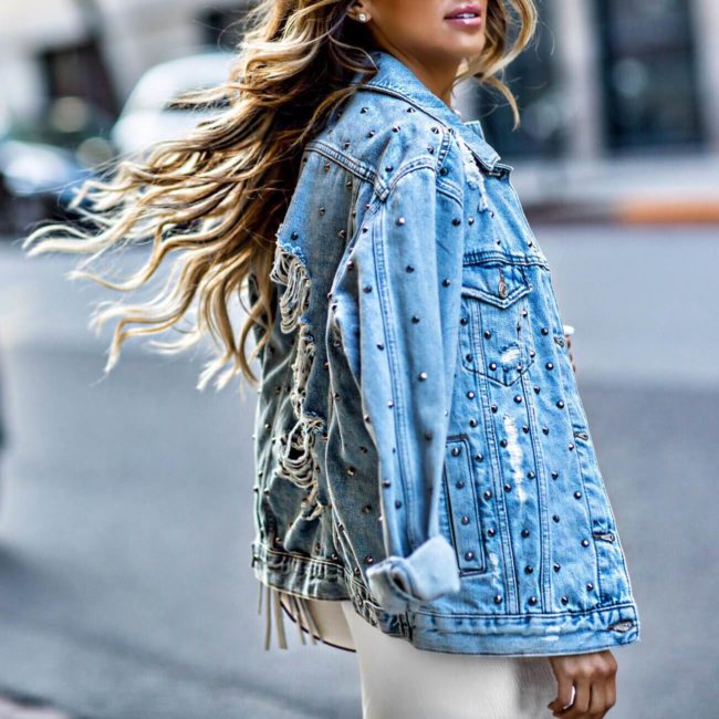 fashion blogger mia mia mine wearing a studded denim jacket by topshop from nordstrom