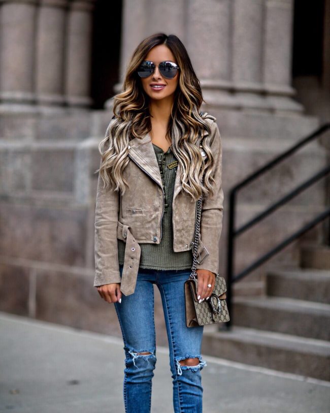 fashion blogger mia mia mine wearing a blanknyc suede jacket and a free people olive thermal top from nordstrom