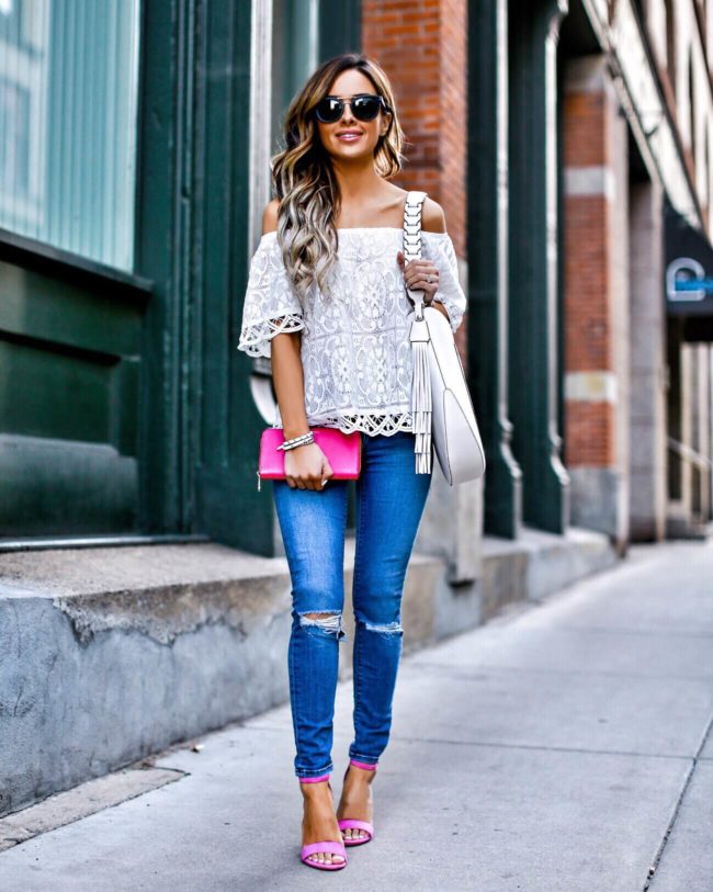 fashion blogger mia mia mine wearing a white lace top and pink heels from nordstrom