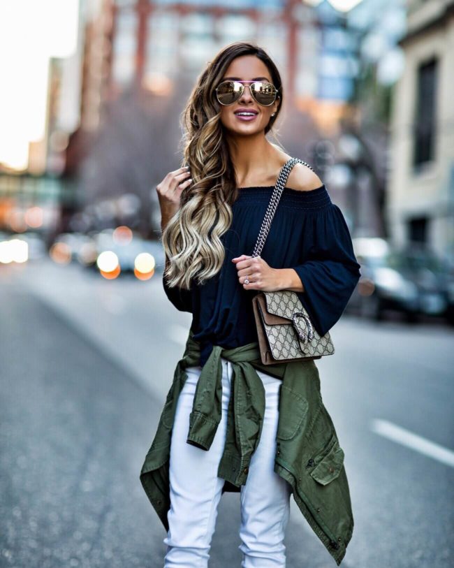fashion blogger mia mia mine wearing a bailey44 off-the-shoulder top and paige white denim