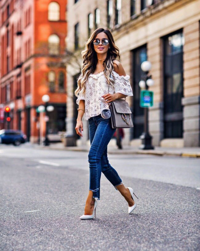 fashion blogger mia mia mine wearing a lace top from topshop