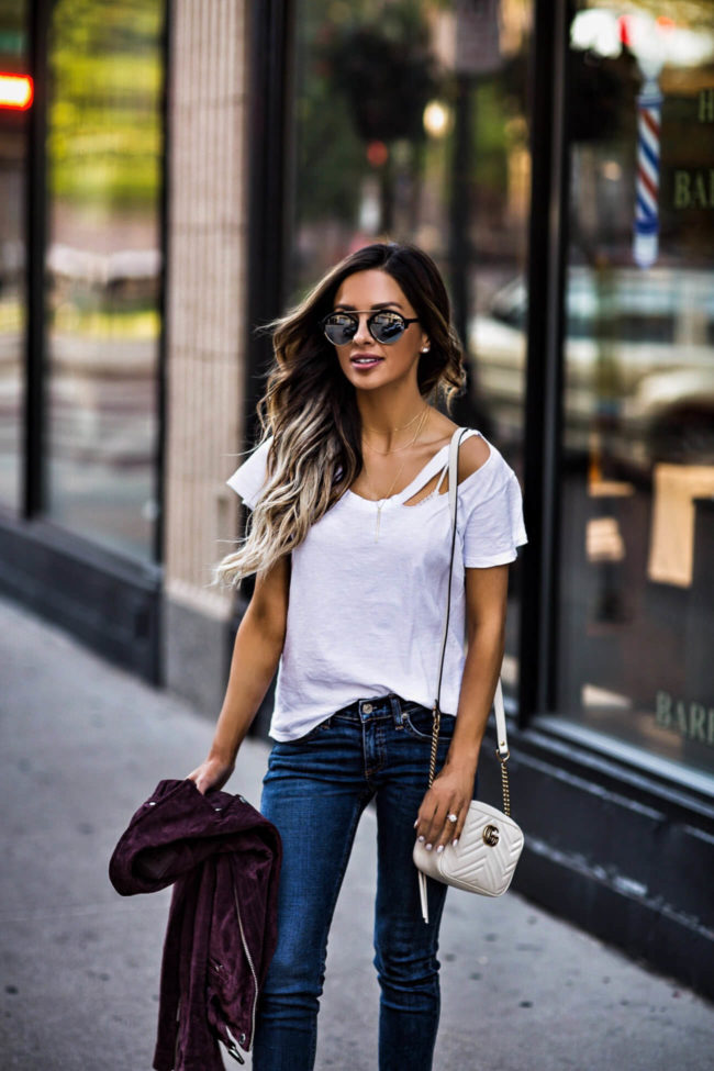 fashion blogger mia mia mine wearing a white lna tee and illesteva sunglasses from net-a-porter