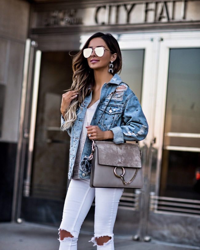 fashion blogger mia mia mine wearing a topshop denim studded jacket