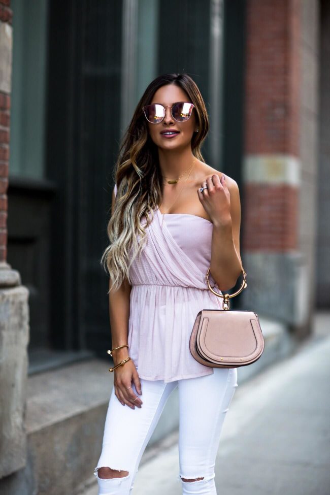 fashion blogger mia mia mine wearing a blush chloe nile bag and quay pink sunglasses