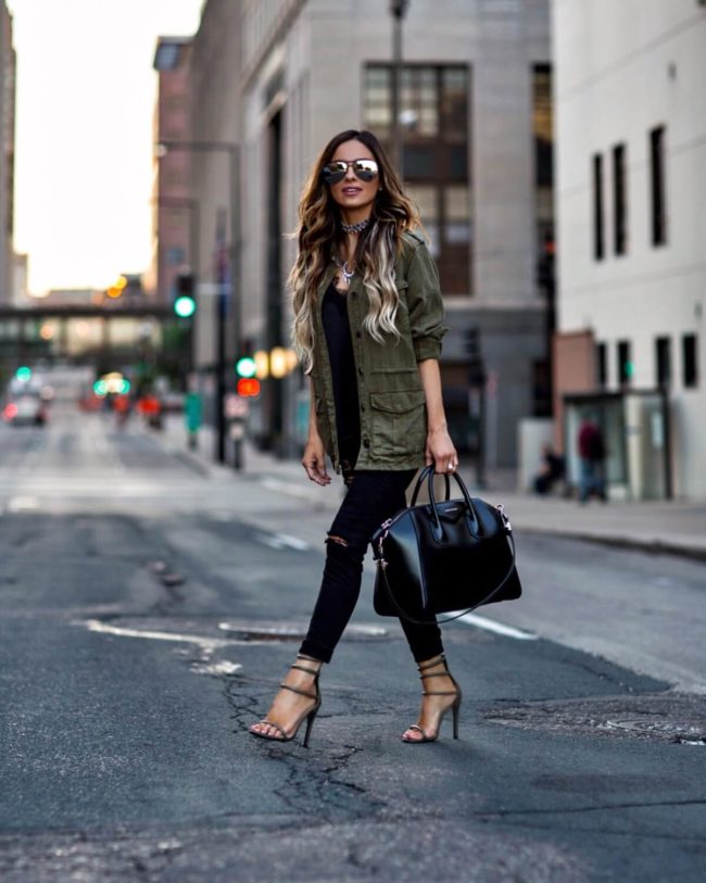 fashion blogger mia mia mine wearing a green utility jacket and olive green heels from public desire