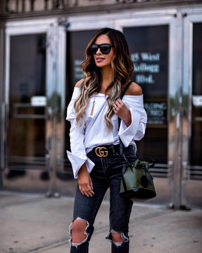 fashion blogger white button down shirt