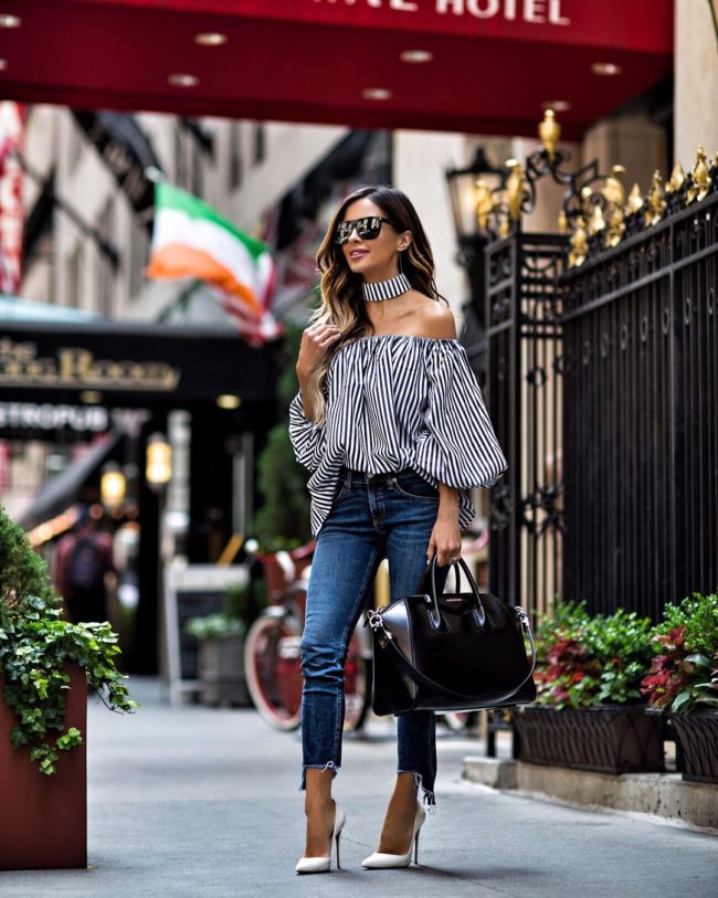 fashion blogger mia mia mine wearing a striped top and rag & bone jeans