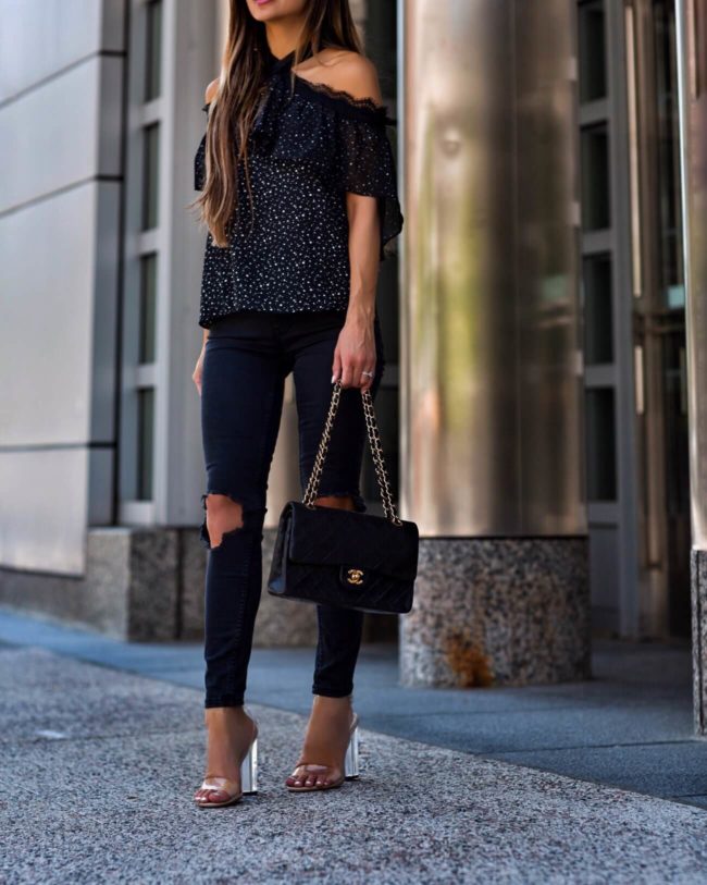 fashion blogger mia mia mine wearing clear heels by steve madden and black free people jeans from macy's