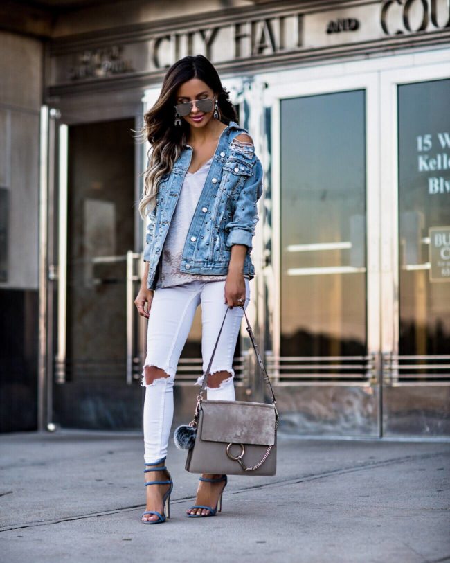 fashion blogger mia mia mine wearing a topshop studded denim jacket and public desire heels