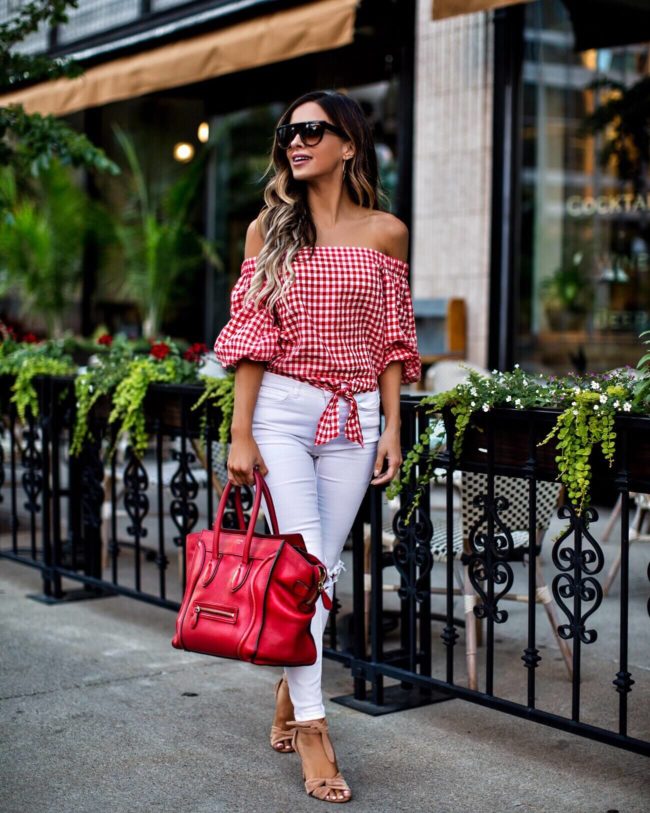fashion blogger mia mia mine wearing a red and white gingham top from forever 21