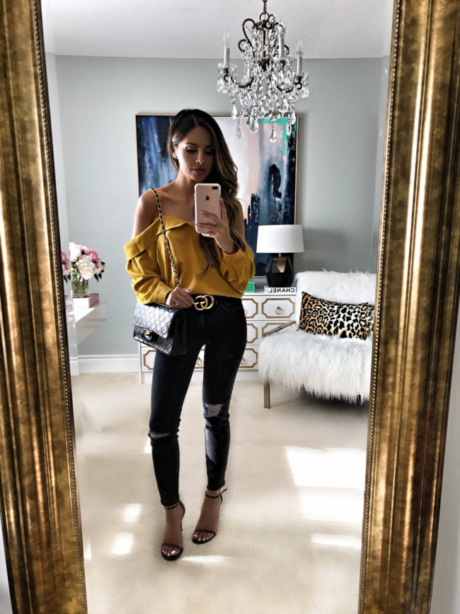 fashion blogger mia mia mine wearing a gold top from the nordstrom anniversary sale 2017