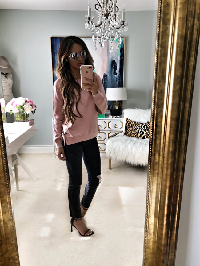fashion blogger mia mia mine wearing a pink sincerely jules sweatshirt from the nordstrom anniversary sale 2017