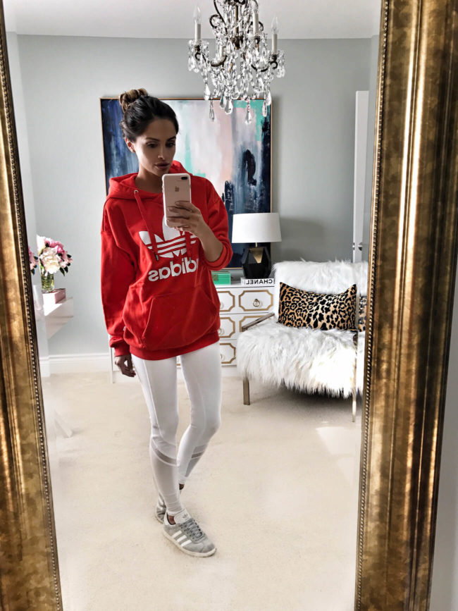 fashion blogger mia mia mine wearing a red adidas sweatshirt from the nordstrom anniversary sale 2017