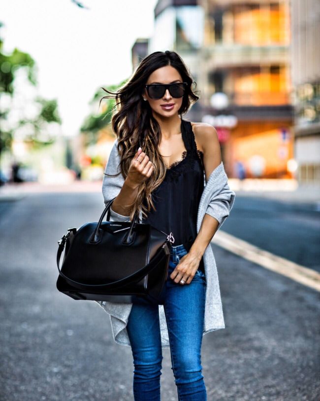 fashion blogger mia mia mine wearing a cashmere cardigan and a lace cami from nordstrom