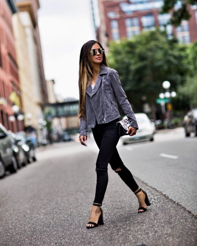 fashion blogger wearing a suede moto jacket from the nordstrom anniversary sale
