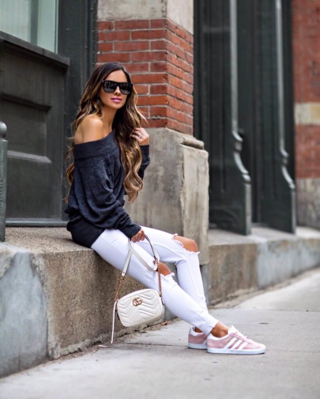 fashion blogger mia mia mine wearing pink adidas sneakers