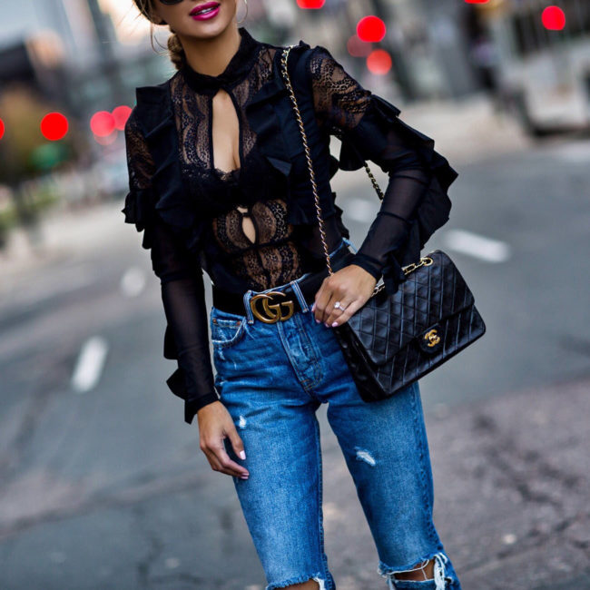 fashion blogger mia mia mine wearing a lace bodysuit by love and lemons and a gucci belt