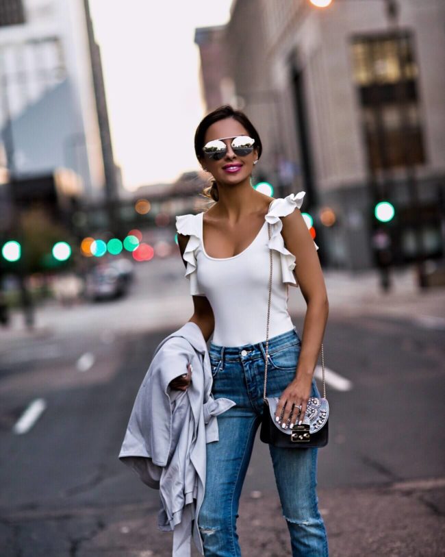 fashion blogger mia mia mine wearing a white bodysuit from club monaco
