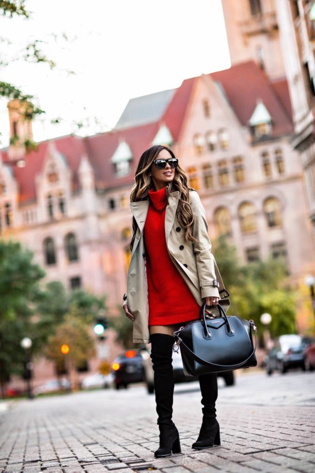 fashion blogger mia mia mine wearing a burberry trench coat and a red sweater dress from nordstrom