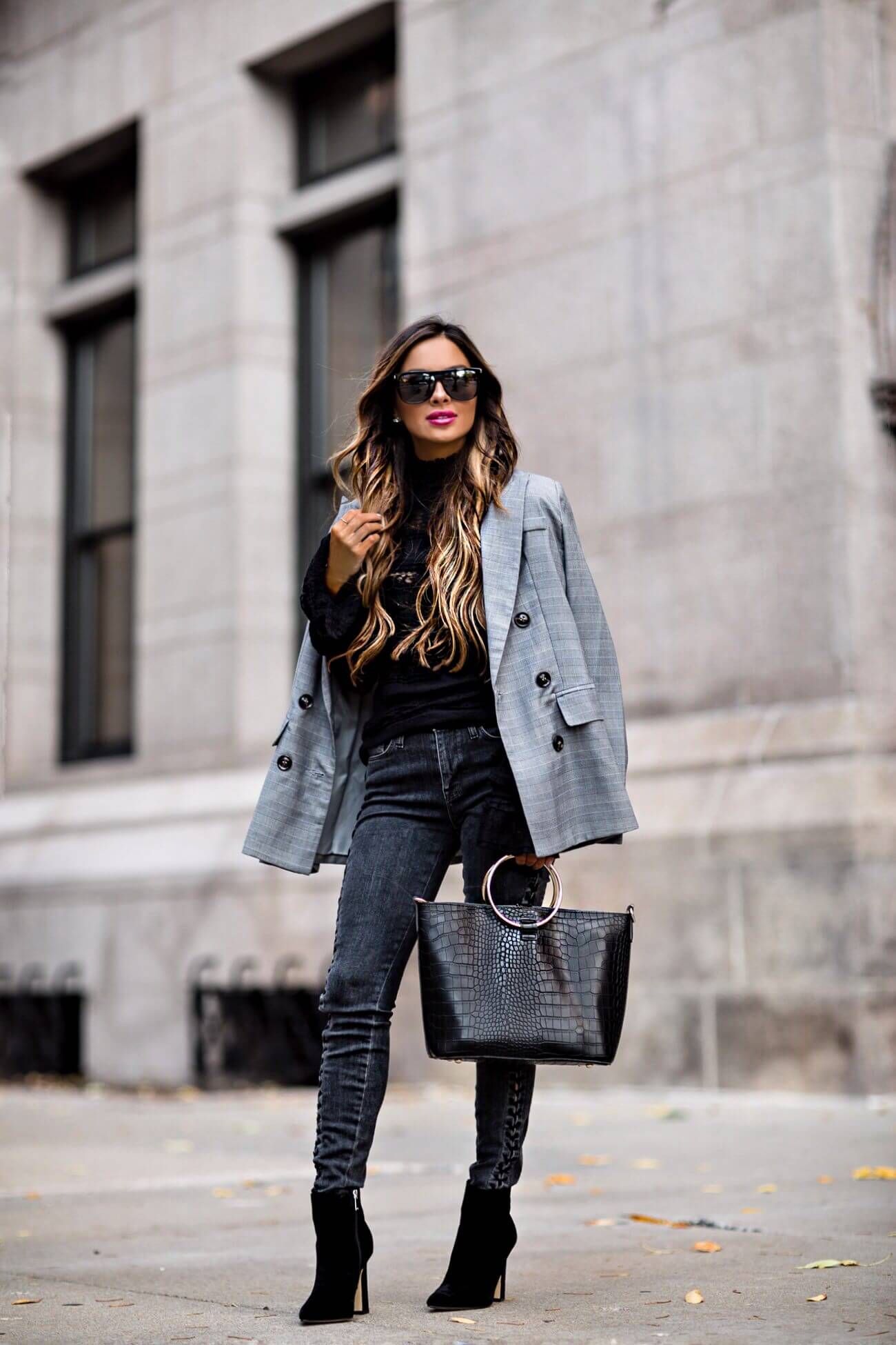 fashion blogger mia mia mine wearing a gray plaid blazer from bloomingdale's