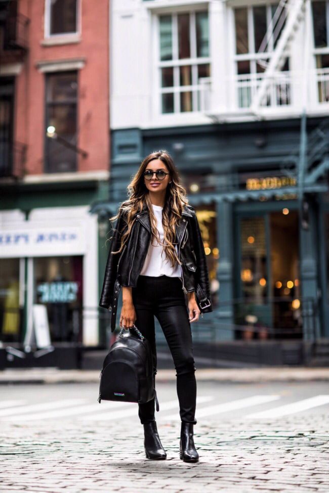 Maria Vizuete from Mia Mia Mine wearing a street style black leather outfit during NYFW week
