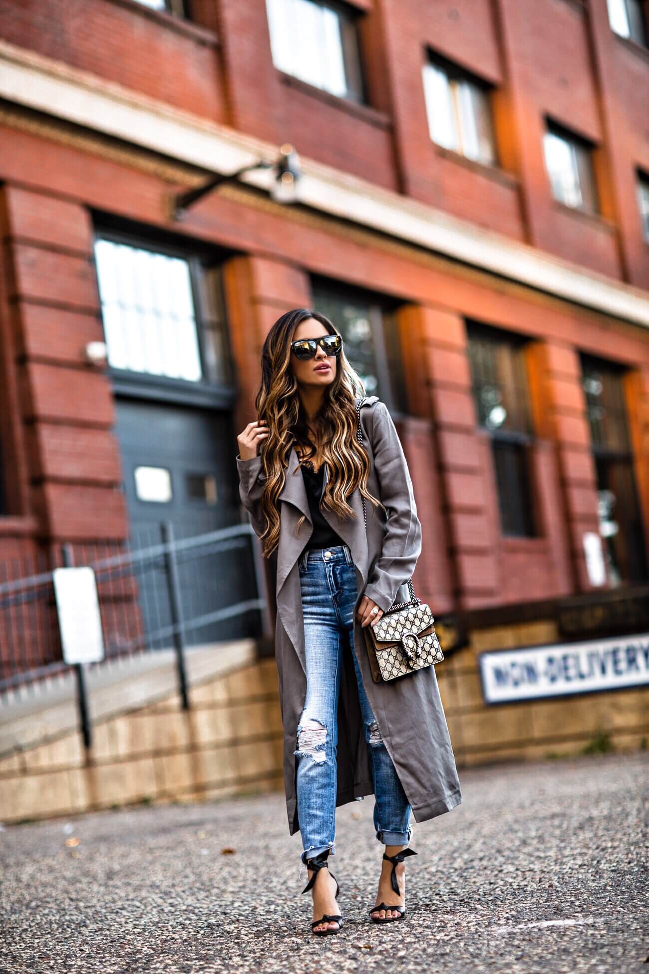 fashion blogger mia mia mine wearing a gray trench coat from nordstrom