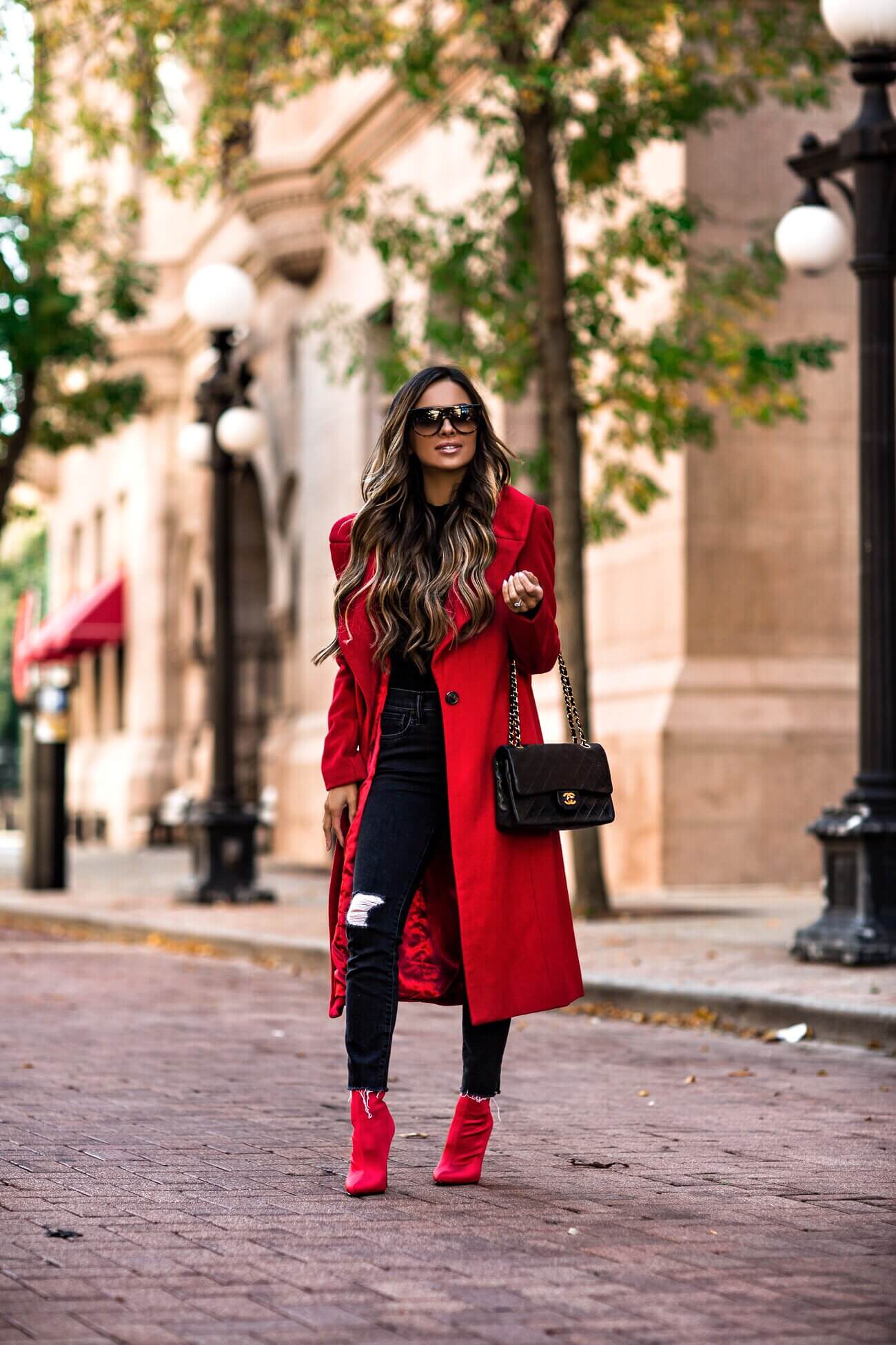 mia mia mine wearing a red kendall + kylie coat from bloomingdale's