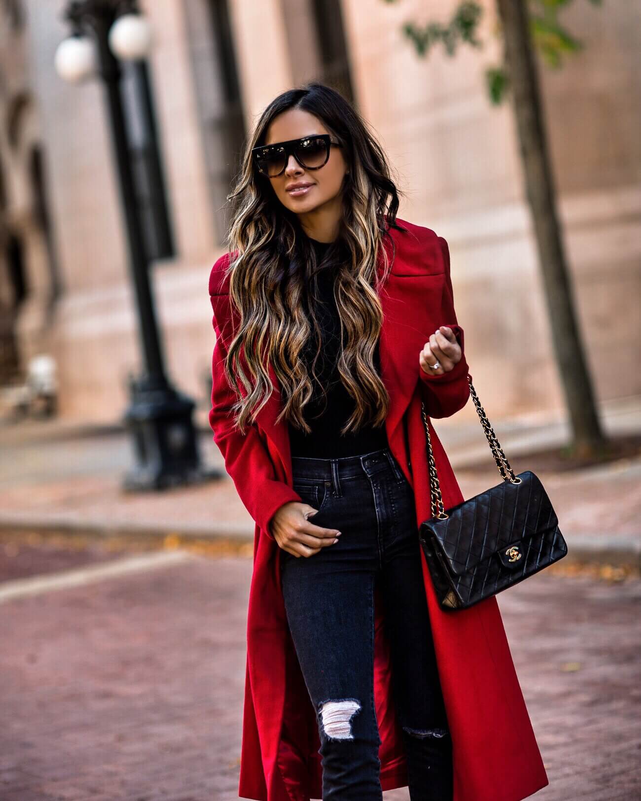 fashion blogger mia mia mine wearing a red coat by kendall + kylie from bloomingdale's