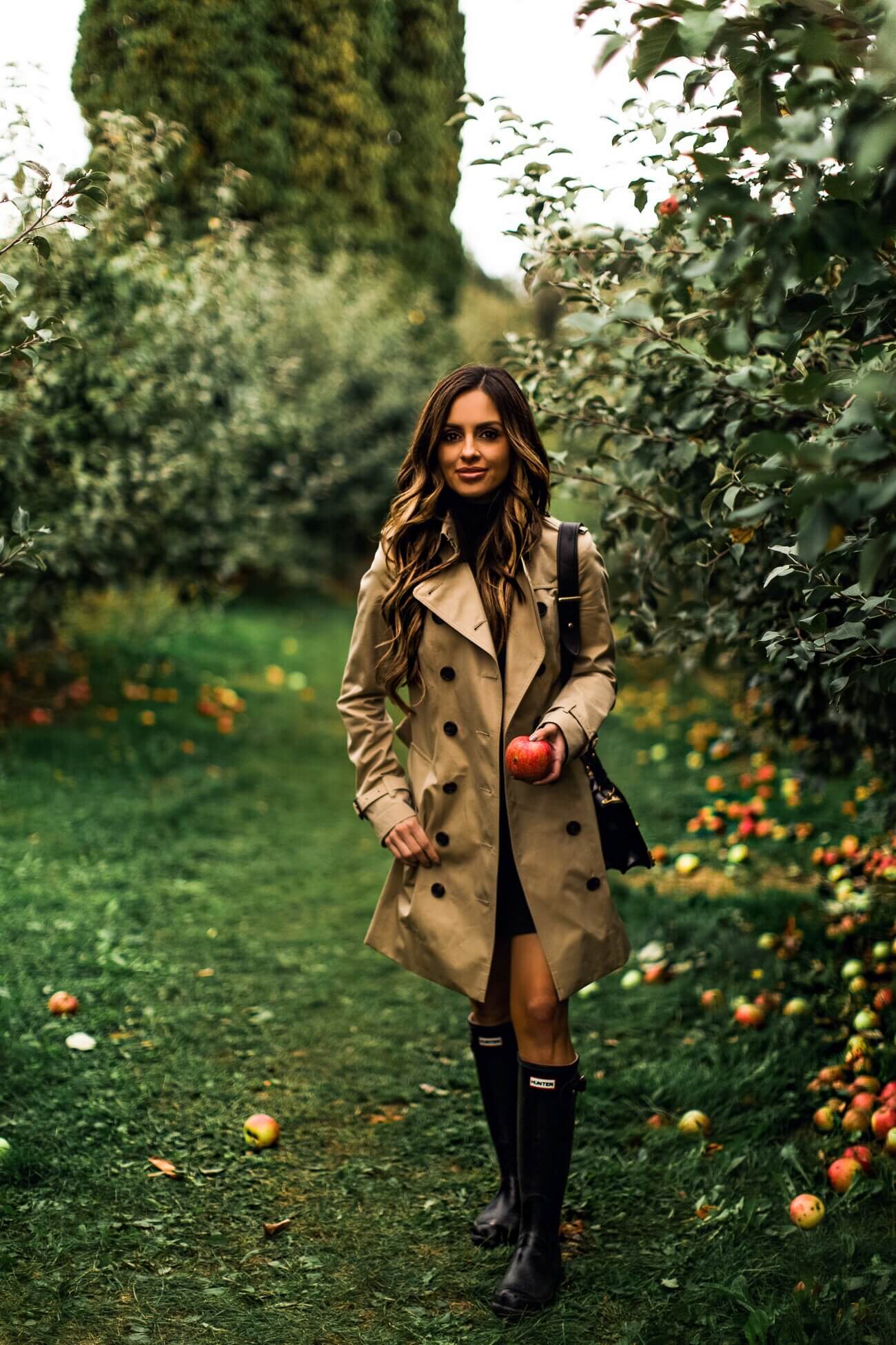mia mia mine wearing a burberry coat at an apple orchard