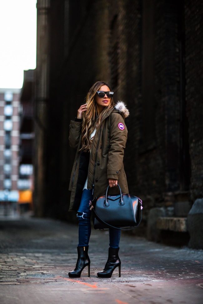 fashion blogger mia mia mine wearing jimmy choo booties and a canada goose parka from elevtd