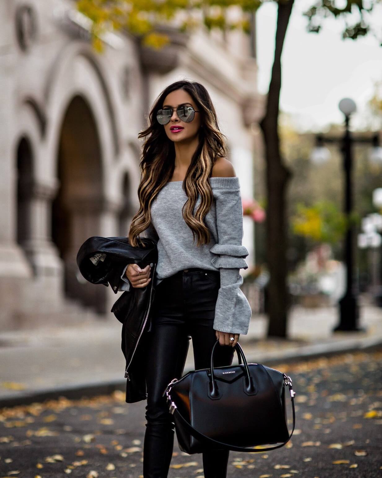 mia mia mine wearing a gray off the shoulder top and leather pants from shopbop