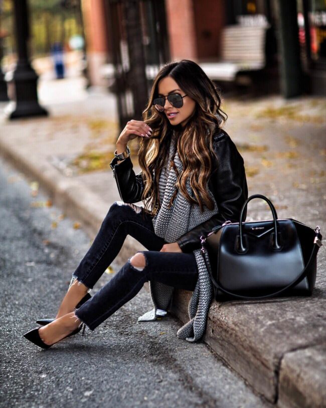 mia mia mine wearing a leather jacket and christian louboutin so kate heels