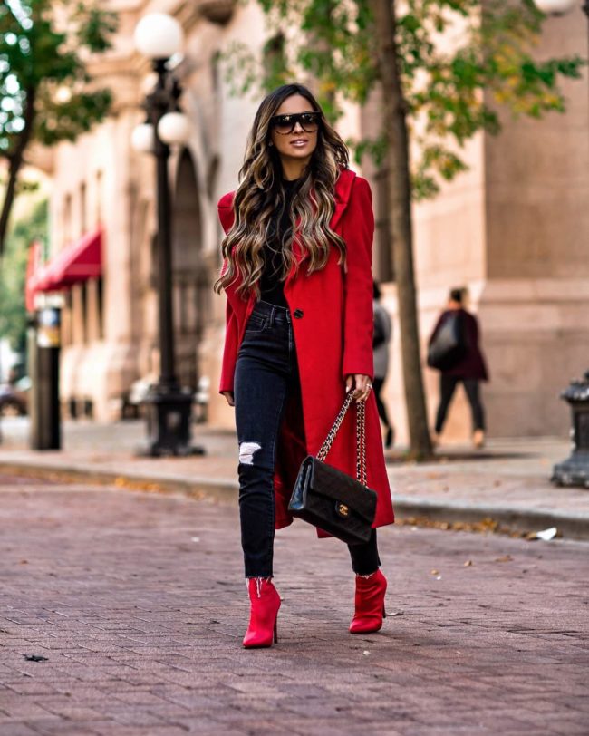mia mia mine wearing a red coat by kendall + kylie from bloomingdale's