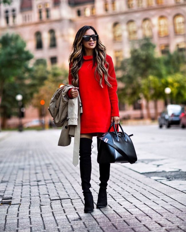 mia mia mine wearing a red free people sweater dress from nordstrom
