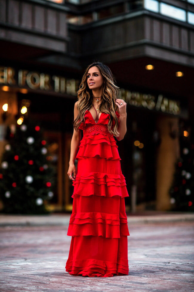 fashion blogger mia mia mine wearing a red ruffle dress and david yurman necklaces from bloomingdales