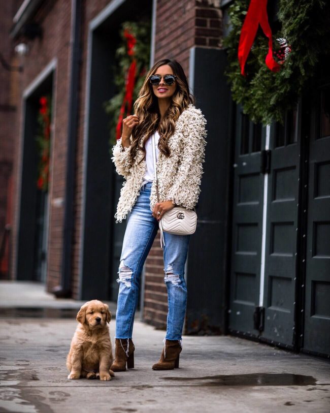 mia mia mine wearing a loop cardigan from bloomingdale's