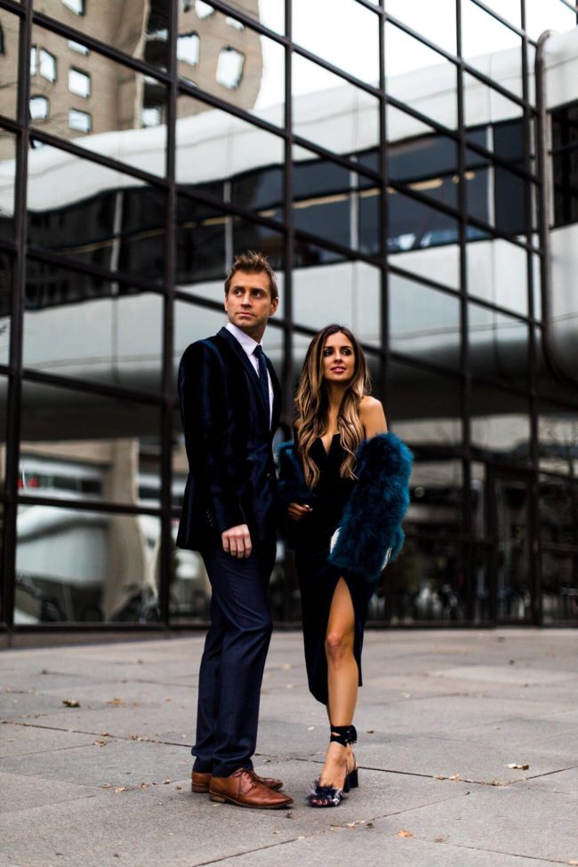 fashion blogger mia mia mine wearing a new year's eve look with husband phil thompson