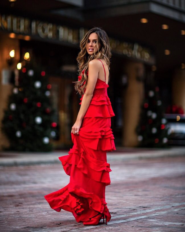 mia mia mine wearing a red tiered dress from shopbop
