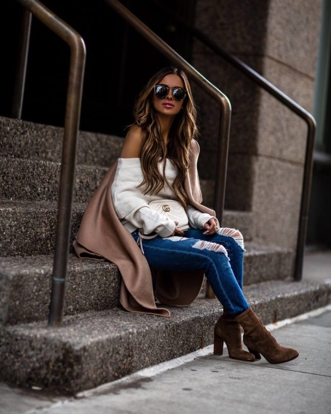 mia mia mine wearing a white off the shoulder sweater from shopbop