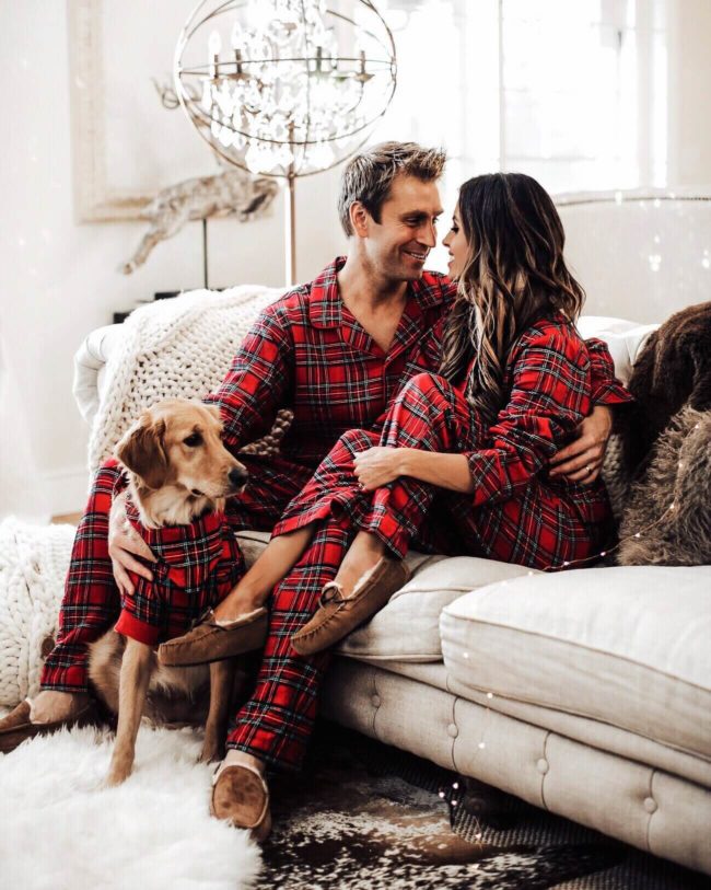 mia mia mine wearing plaid pajamas for christmas